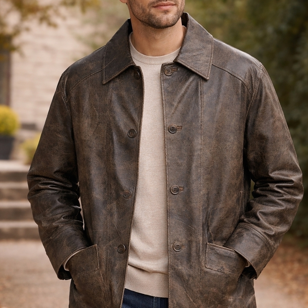 Men's Distressed Brown Leather Look/ Polyester Field Jacket